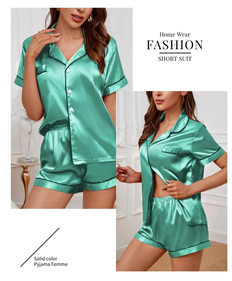 Women’s Satin Pajama Set – 2-Piece Button-Down Top & Shorts Sleepwear