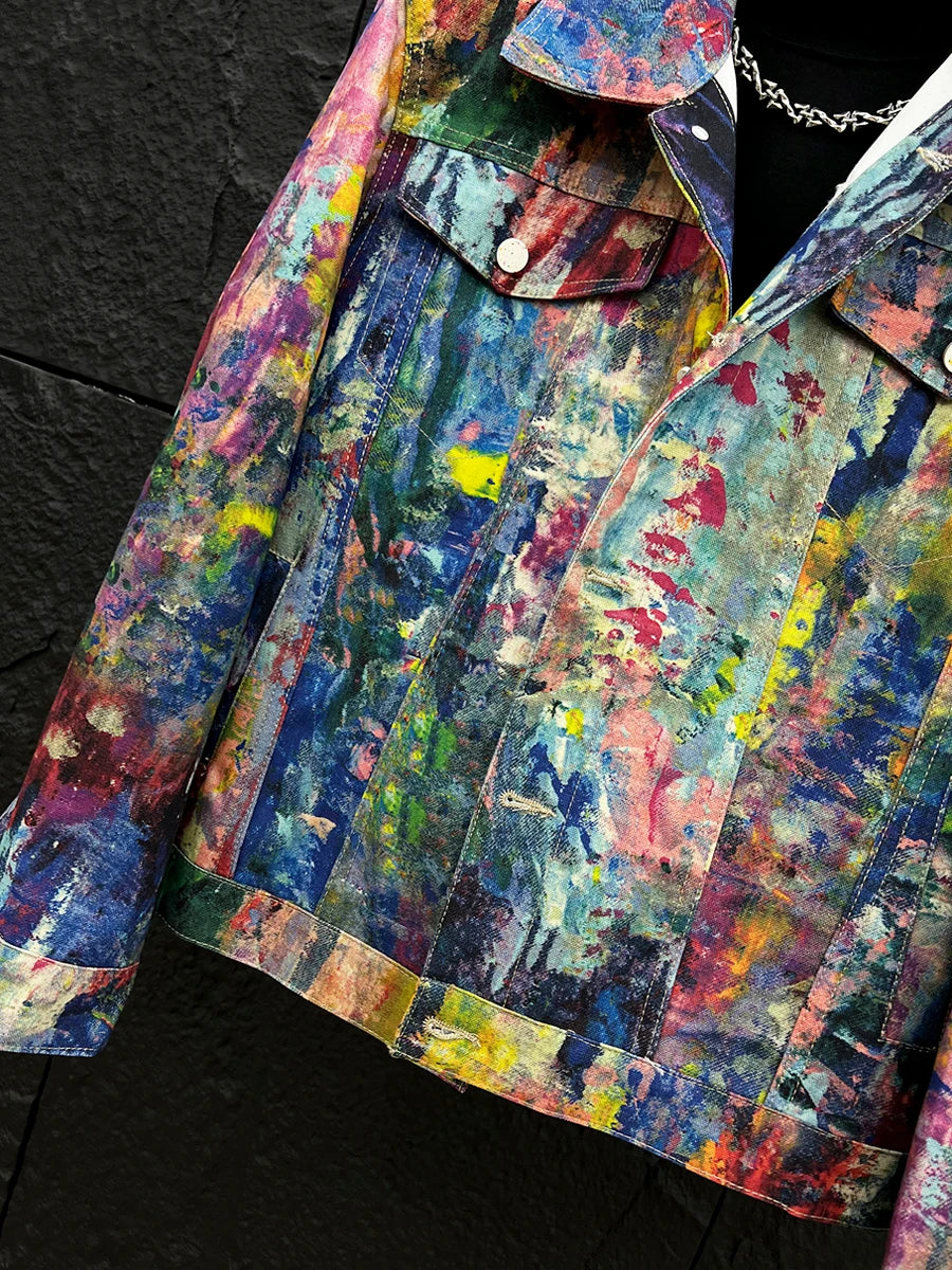 Men’s Graffiti Denim Jacket – Colorful Oil Painting Style, Trendy Loose-Fit Casual Coat