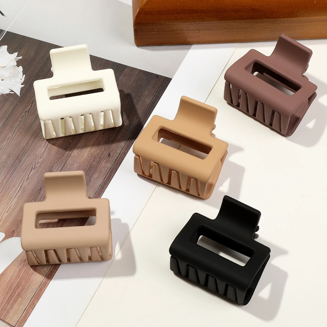 5-Piece Small Flower Hair Claw Clips – Matte Rectangle & Semicircle for Women & Girls