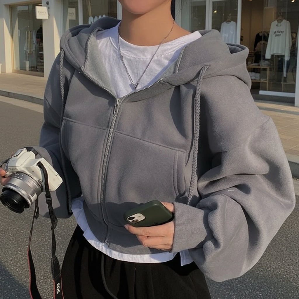 Women’s Casual Y2K Zip-Up Hoodie – Solid Harajuku Oversized Crop Sweatshirt