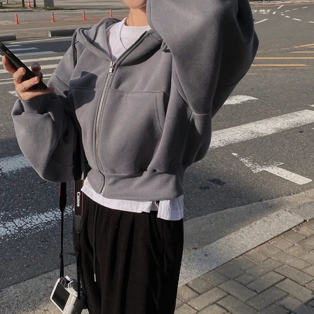 Women’s Casual Y2K Zip-Up Hoodie – Solid Harajuku Oversized Crop Sweatshirt