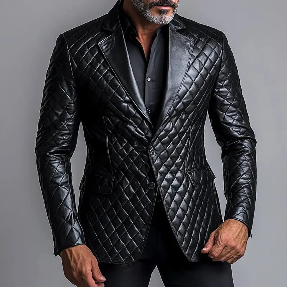 Men's PU leather blazer, single-breasted with lapel, suitable for business or casual wear in autumn