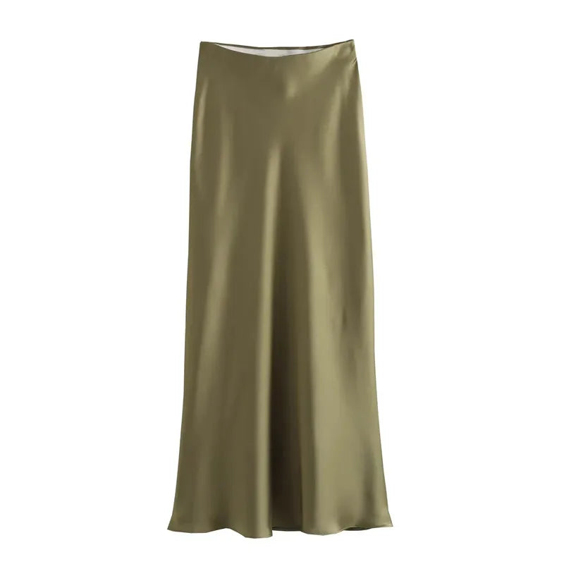 MUJER Women’s Satin High-Waist Long Midi Skirt – Elegant Summer Office Wear
