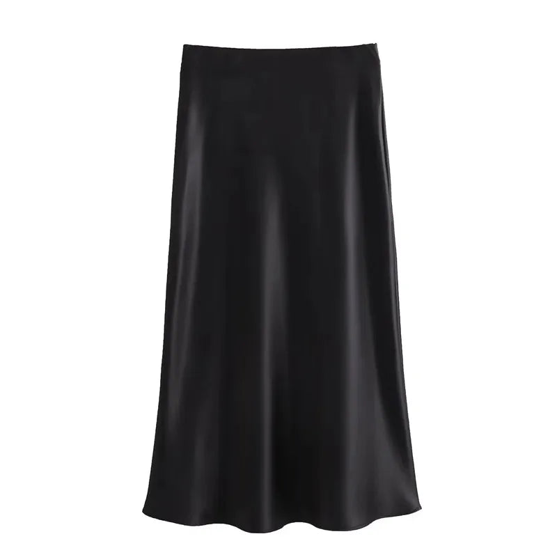MUJER Women’s Satin High-Waist Long Midi Skirt – Elegant Summer Office Wear