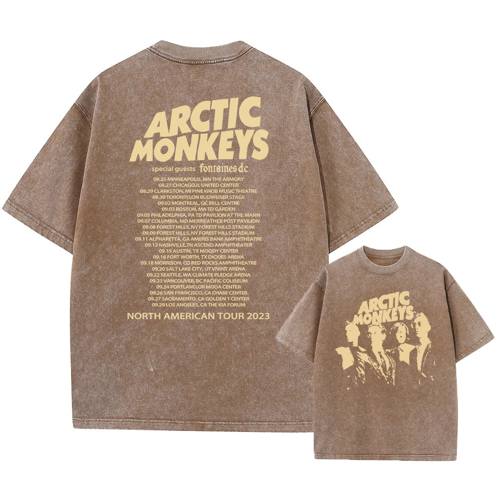 Here is a description based on your input:  Retro Arctic Monkeys Graphic T-Shirt, Vintage Washed, Oversized Fit, Y2K Style, Hip Hop Streetwear for Men