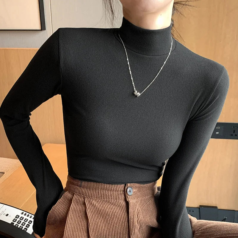 Women's knitted half-turtleneck sweater, slim fit, long sleeves, casual thermal knit top, Korean fashion