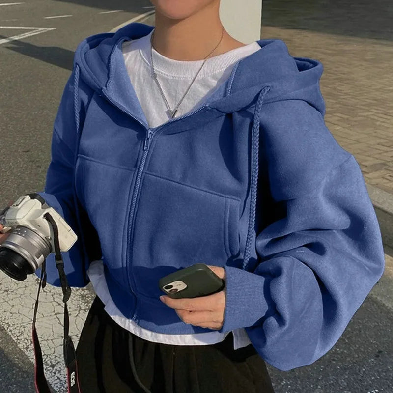 New Insfleece-lined Versatile Cropped Slims Smooths Silhouette Zip-up Warm Navy Blue