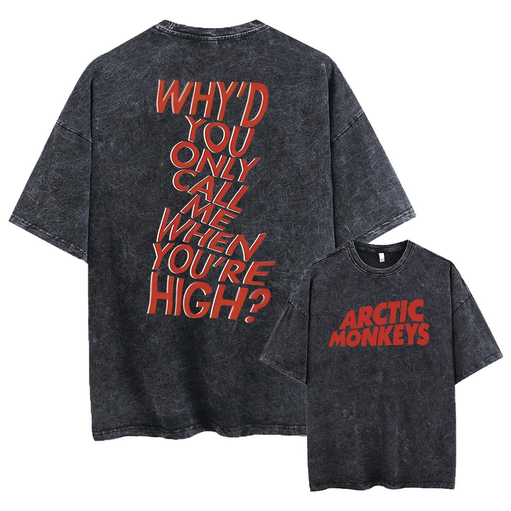 Here is a description based on your input:  Retro Arctic Monkeys Graphic T-Shirt, Vintage Washed, Oversized Fit, Y2K Style, Hip Hop Streetwear for Men