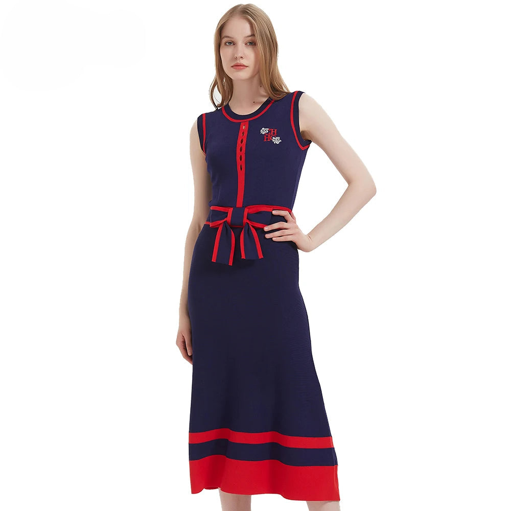 Women's Dress New Sleeveless Knitted Long Dress Simple navy blue Business