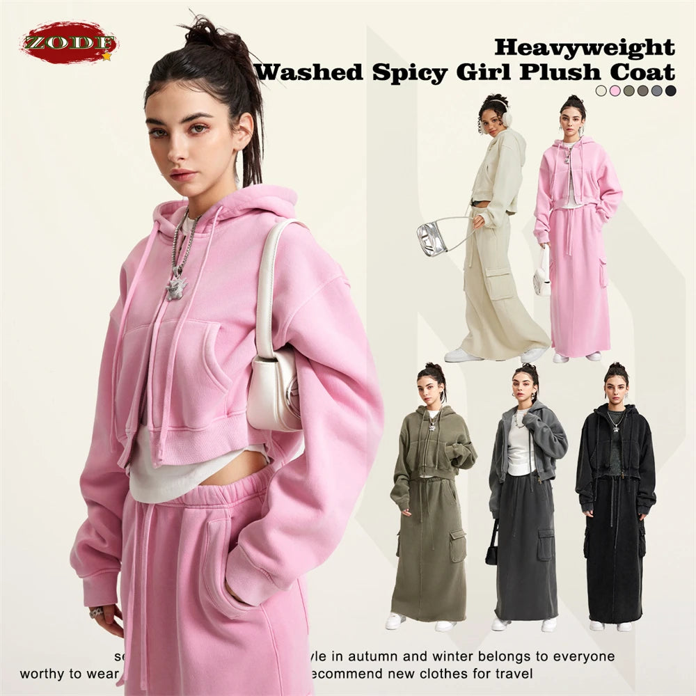 Women’s Fleece Zip Hoodie – HY0448 355gsm, thick, cropped, hooded, loose fit