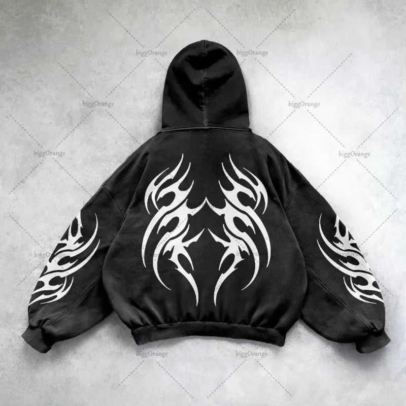 Gothic Punk Graphic Oversized Hoodie, Y2K Streetwear, Harajuku Style, Zipper, Casual Men’s Jacket