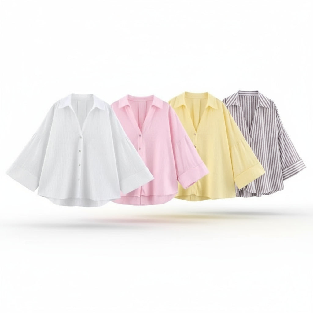 HipSeam Women's Linen Shirt – Wide Sleeves, Asymmetric Hem, Johnny Collar