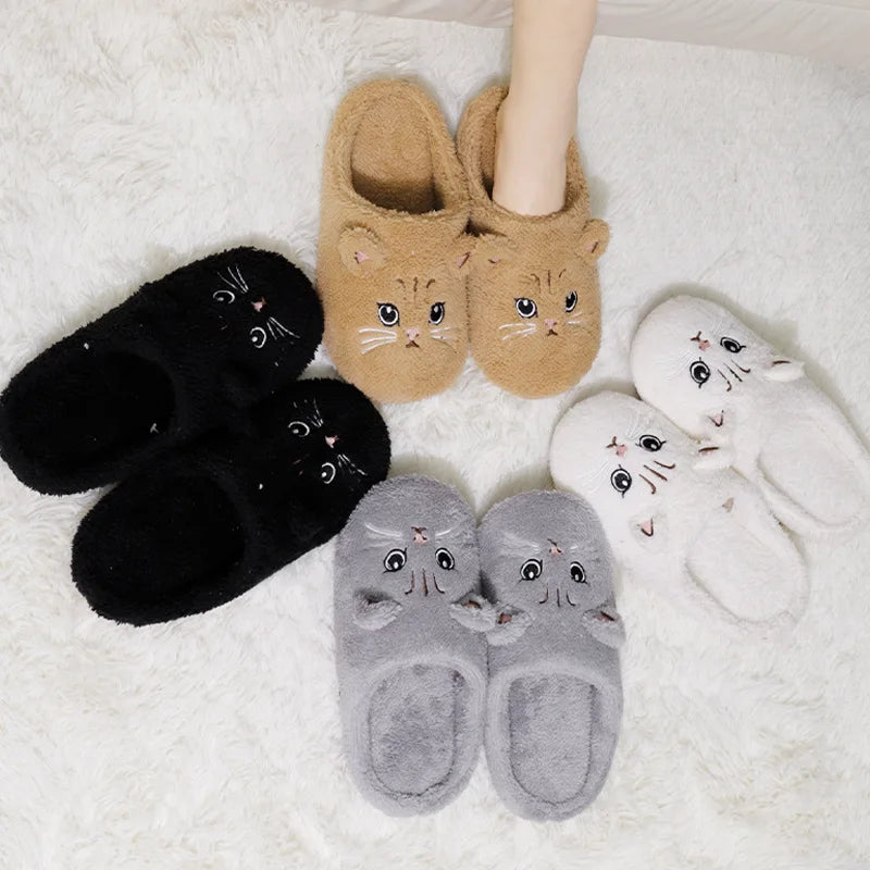 Cute Plush Cat Indoor Slippers – Women’s Non-Slip, Soft Sole, Warm Winter House Shoes