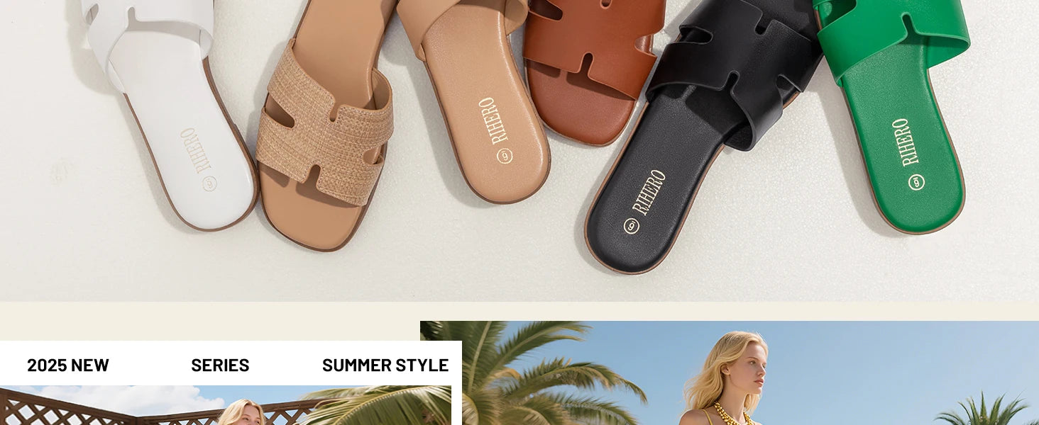 Women's Dressy Flat Sandals Comfortable Slip On Leather Slide Sandals