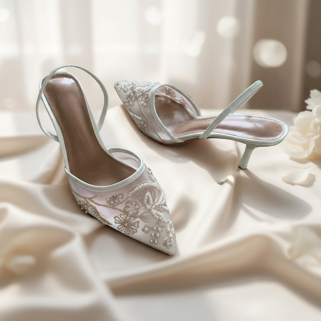 Women's Mesh Embroidered Heels – Pointed Toe Slingback Dress Shoes