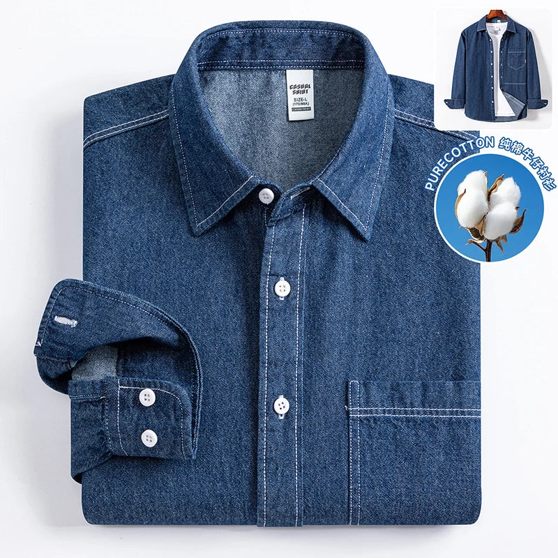 Men’s 100% Cotton Denim Shirt – Long Sleeve, Classic Fit, Pocket Design & Embroidery
