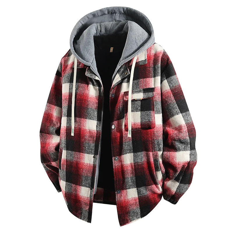 Men's Plus Size 7XL-8XL Hooded Shirt Jacket – Cotton Plaid, Loose Fit, 2-in-1 Style