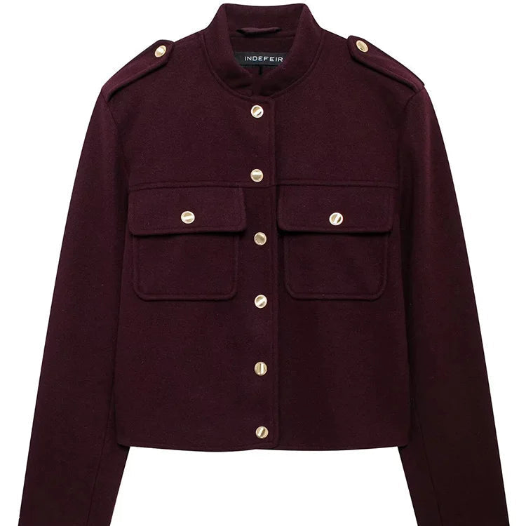 Women Soft Tweed Bomber Jacket O-Neck Long Sleeve Pockets Buttons Loose Woolen Coat Streetwear