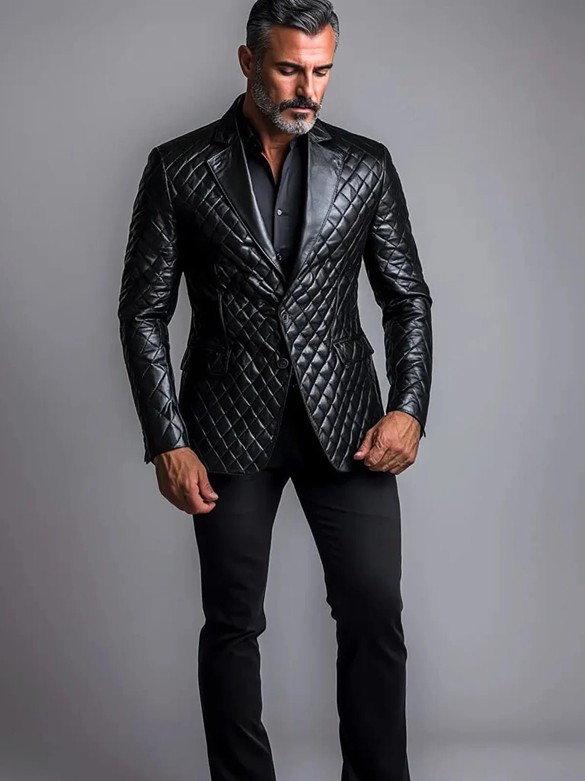 Men's PU leather blazer, single-breasted with lapel, suitable for business or casual wear in autumn
