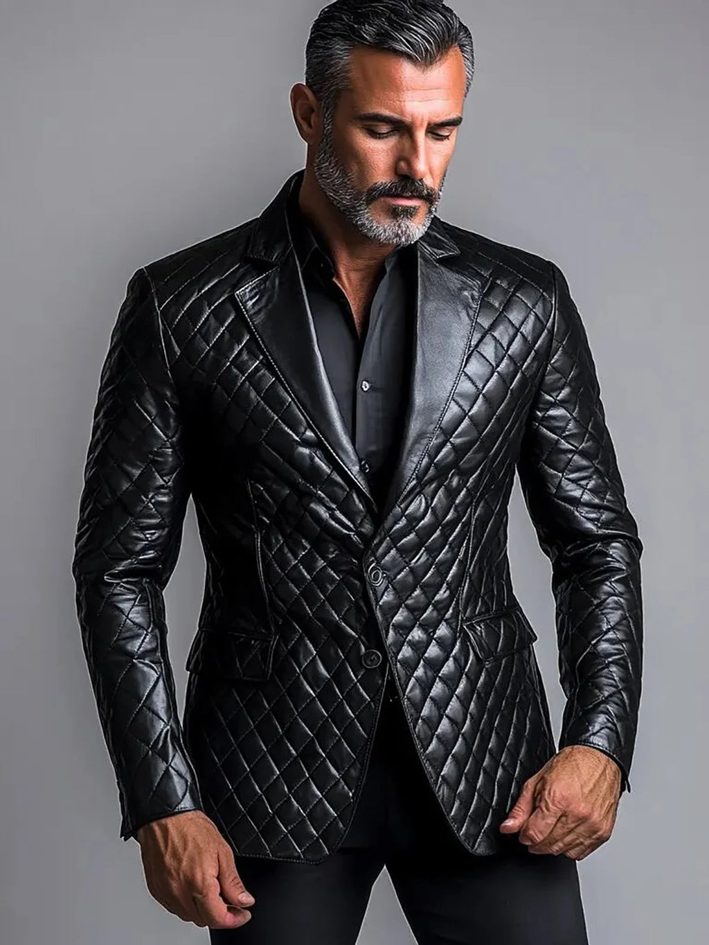 Men's PU leather blazer, single-breasted with lapel, suitable for business or casual wear in autumn