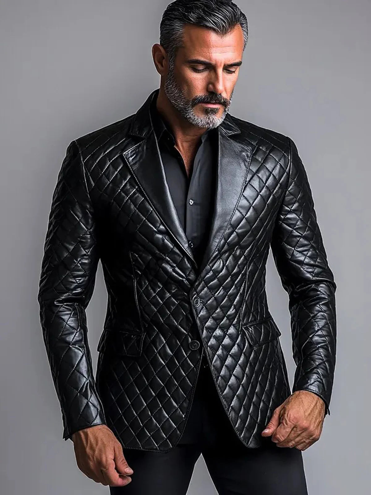 Men's PU leather blazer, single-breasted with lapel, suitable for business or casual wear in autumn