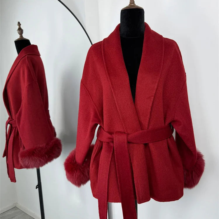 Tossy Women’s Short Wool Coat with Fox Fur – Elegant Double-Sided Overcoat