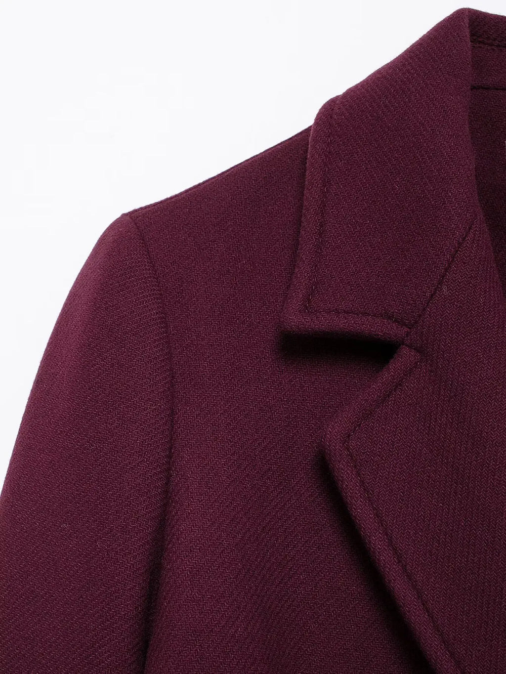 HH Women’s Burgundy Wool Coat – Double-Breasted, Long Sleeve Lapel Jacket