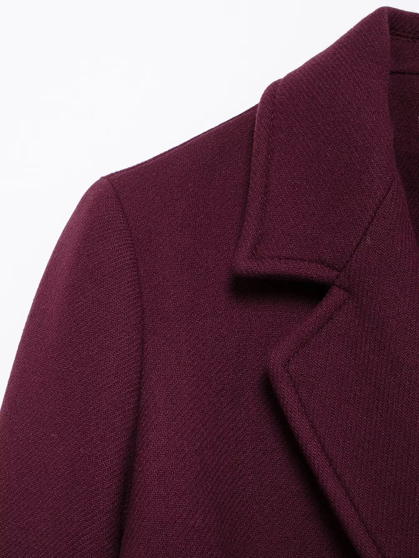 HH Women’s Burgundy Wool Coat – Double-Breasted, Long Sleeve Lapel Jacket