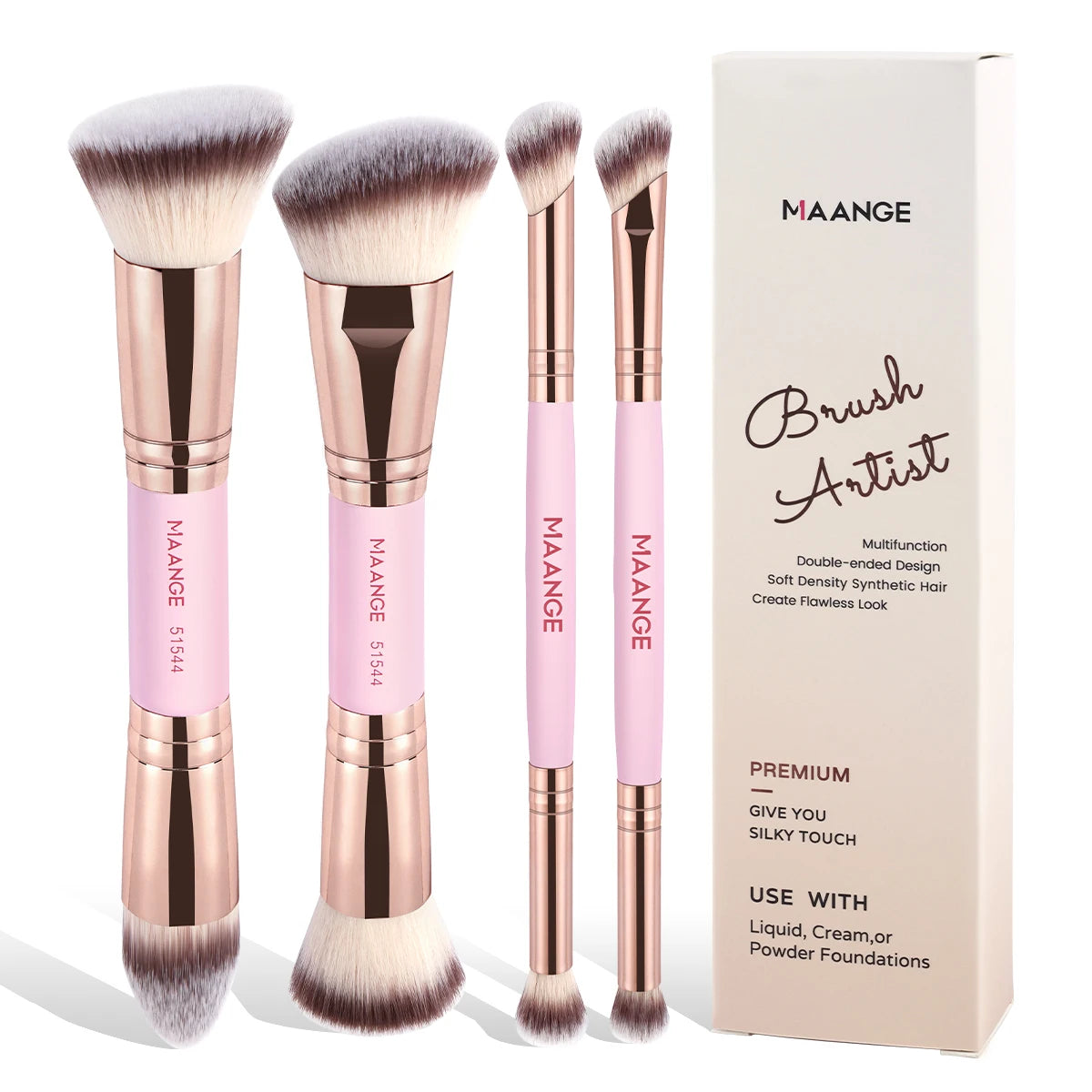 MAANGE 4-Piece Basic Makeup Brush Set – Dual-Ended Foundation, Powder & Eyeshadow with Case