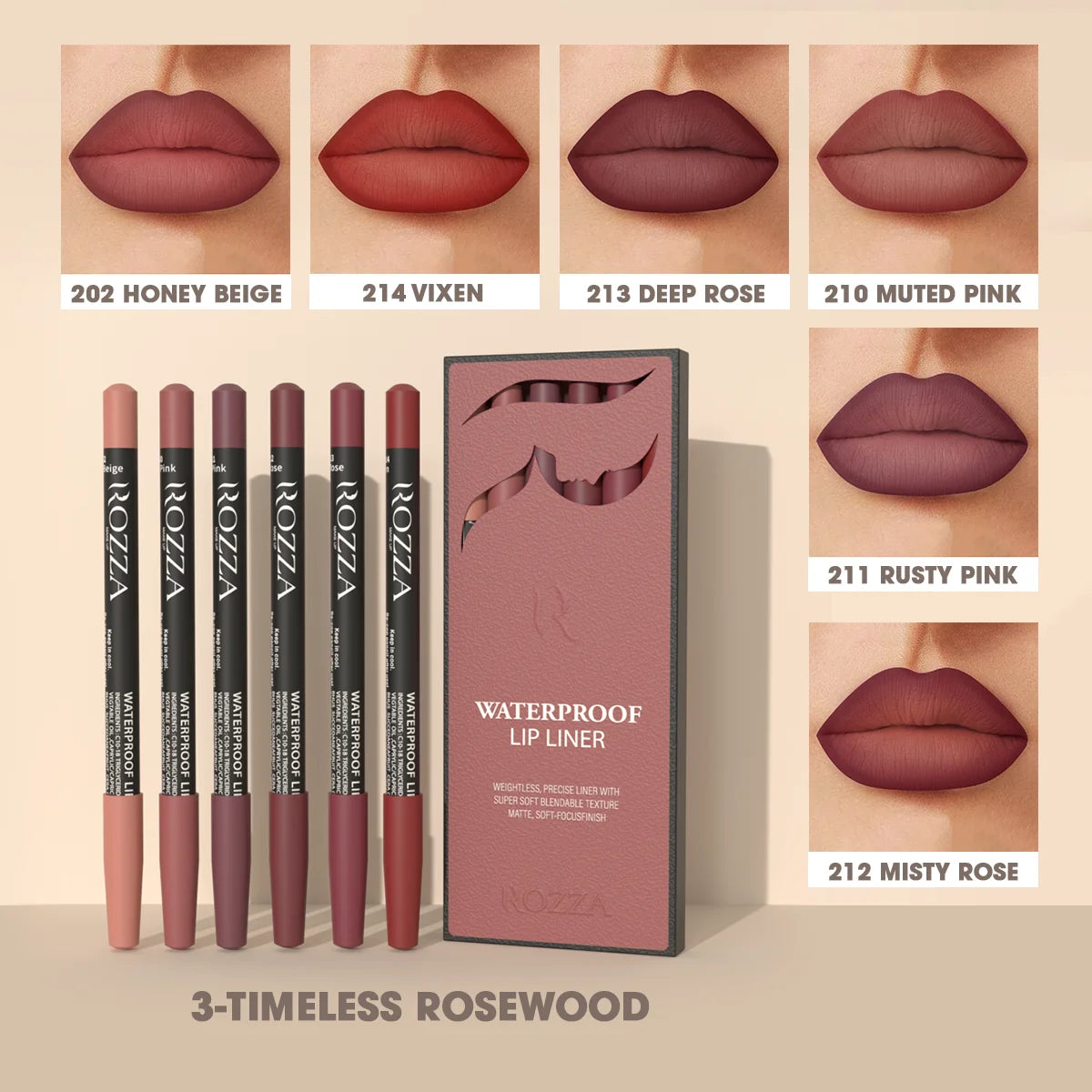 Rozza Waterproof Lip Liner Set – weightless, precise, soft, blendable matte texture