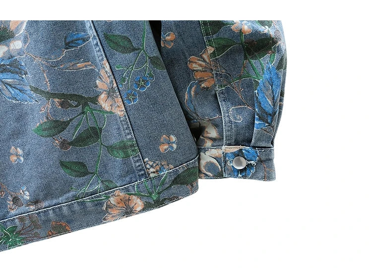 Vintage Floral Print Denim Jacket Men's Distressed Coat Streetwear Loose Fit Long Sleeve Jackets Korean Bomber Jeans Jacket