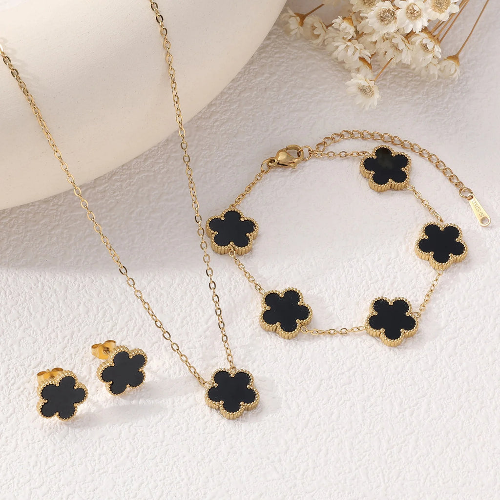 Women’s Jewelry Set – Necklace, Bracelet & Earrings, Plum Blossom Five-Leaf Design