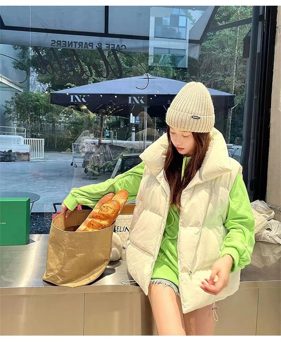 Women’s Autumn Stand Collar Sleeveless Down Vest with Belt