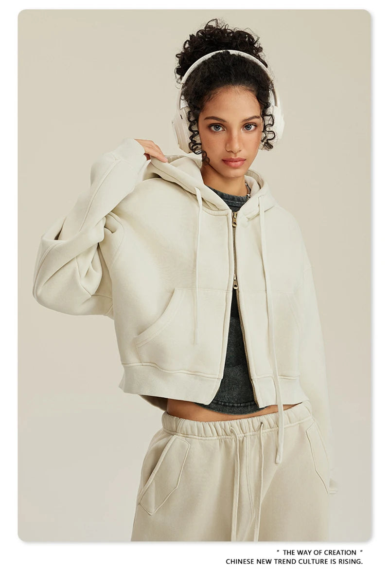 Women’s Fleece Zip Hoodie – HY0448 355gsm, thick, cropped, hooded, loose fit