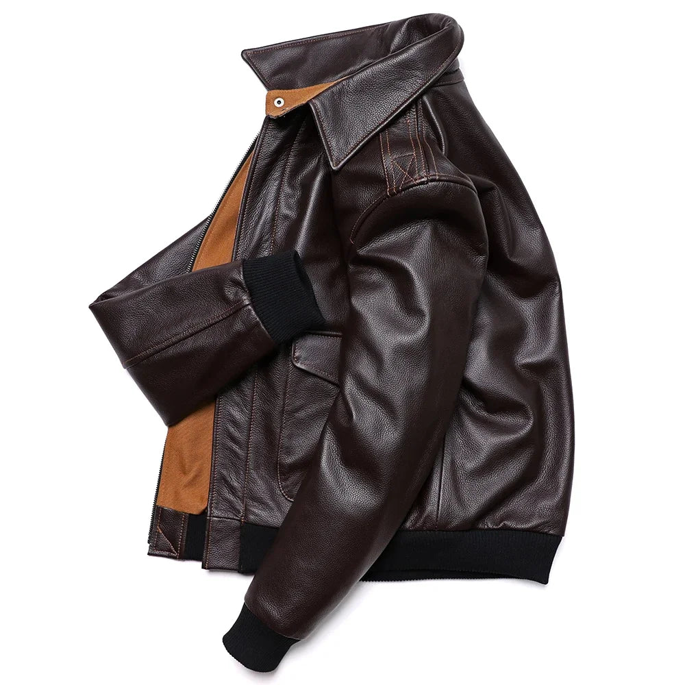 Men's A2-style genuine leather flight jacket made from cowhide and calfskin in brown