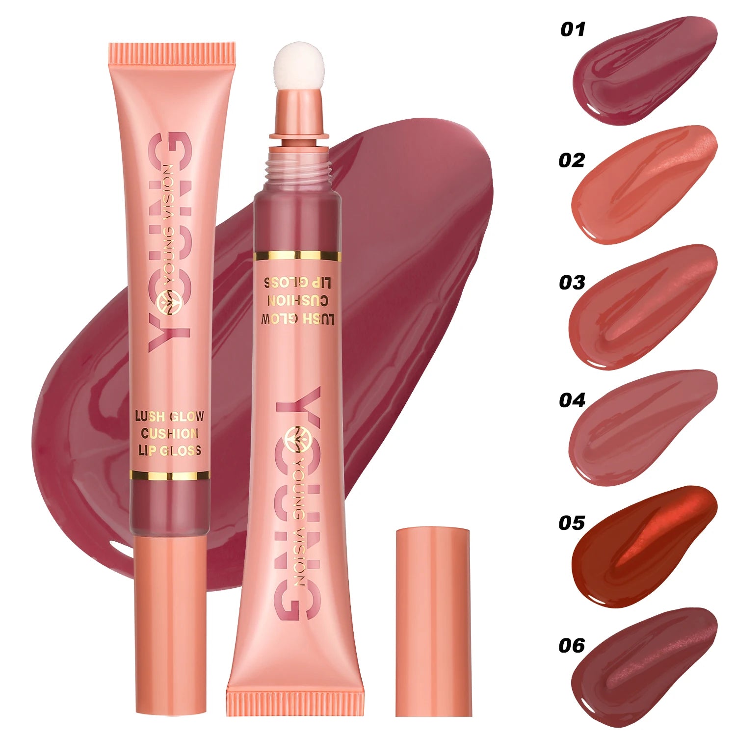 YOUNG VISION 6-Color Liquid Lip Gloss – Brightening, Moisturizing with Plush Brush