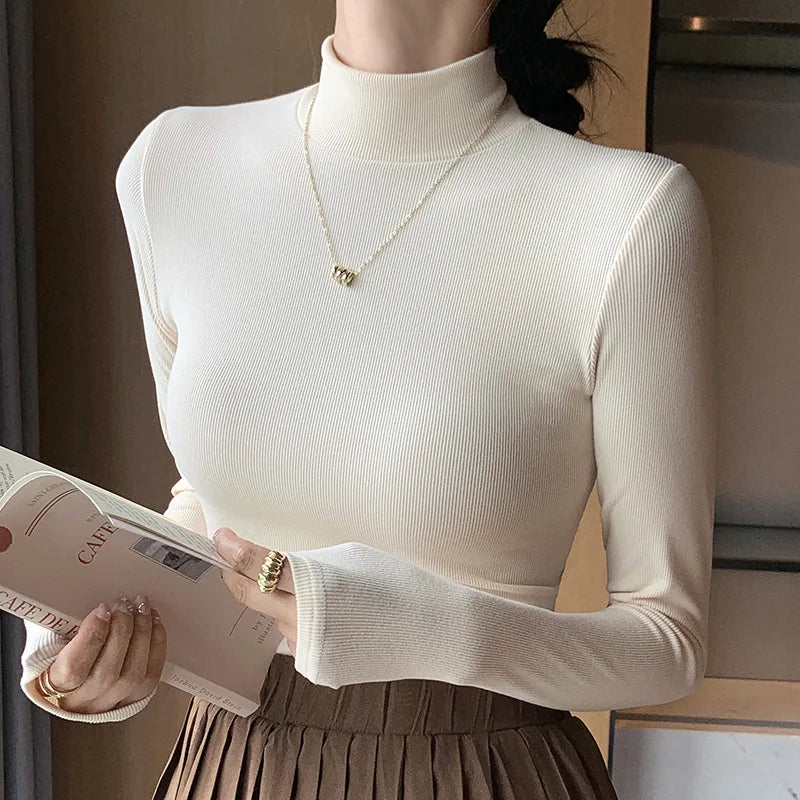 Women's knitted half-turtleneck sweater, slim fit, long sleeves, casual thermal knit top, Korean fashion