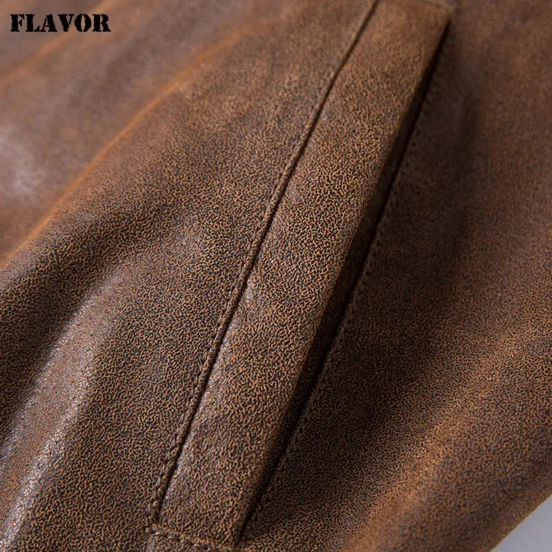 FLAVOR Men's Real Pigskin Leather Bomber Casual Jacket Stand Collar Leather Coat