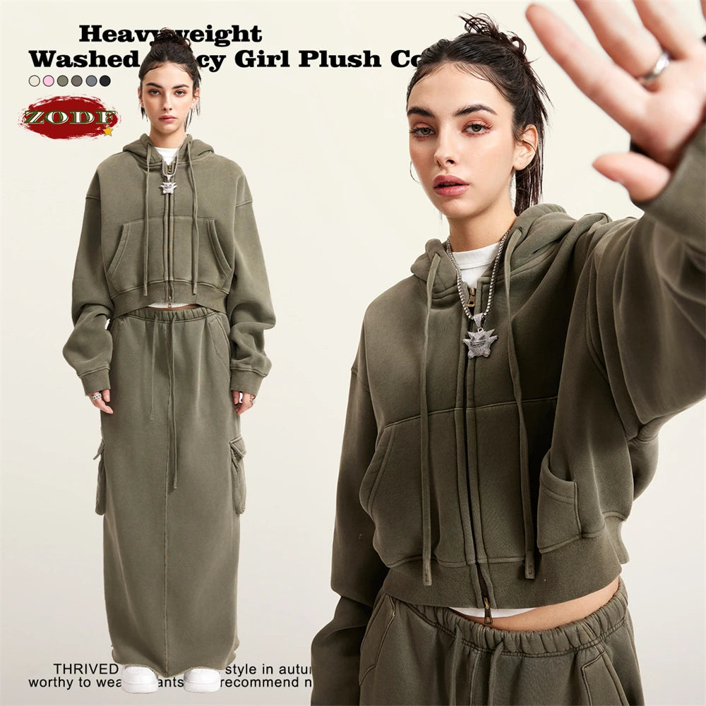 Women’s Fleece Zip Hoodie – HY0448 355gsm, thick, cropped, hooded, loose fit