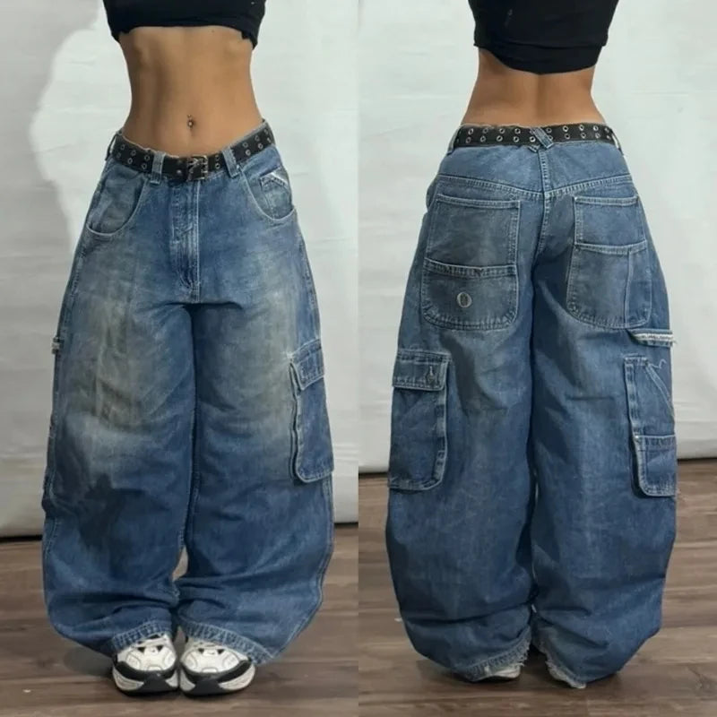 Y2K Patchwork Baggy Jeans – High Waist, Wide-Leg Harajuku Denim