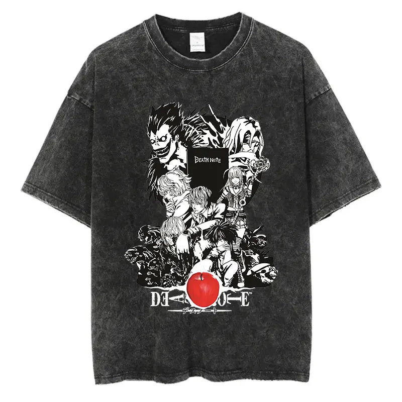 Harajuku Vintage Washed T-Shirt with Death Note Anime Graphic, Oversized Cotton Streetwear for Men and Women