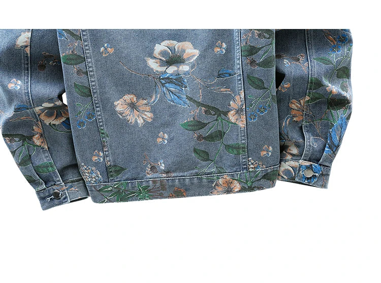 Vintage Floral Print Denim Jacket Men's Distressed Coat Streetwear Loose Fit Long Sleeve Jackets Korean Bomber Jeans Jacket