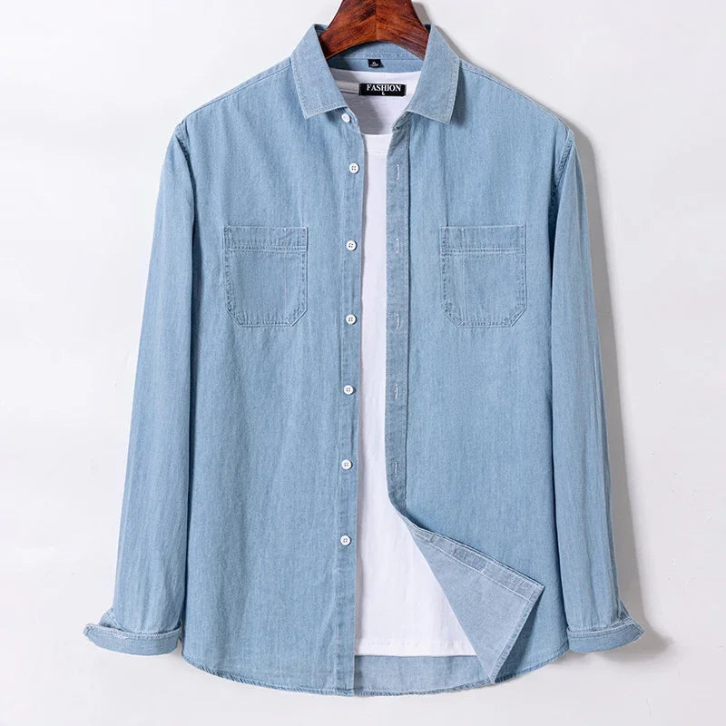 Men’s 100% Cotton Denim Shirt – Long Sleeve, Classic Fit, Pocket Design & Embroidery