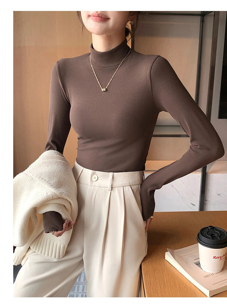 Women's knitted half-turtleneck sweater, slim fit, long sleeves, casual thermal knit top, Korean fashion