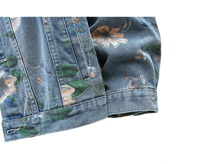 Vintage Floral Print Denim Jacket Men's Distressed Coat Streetwear Loose Fit Long Sleeve Jackets Korean Bomber Jeans Jacket