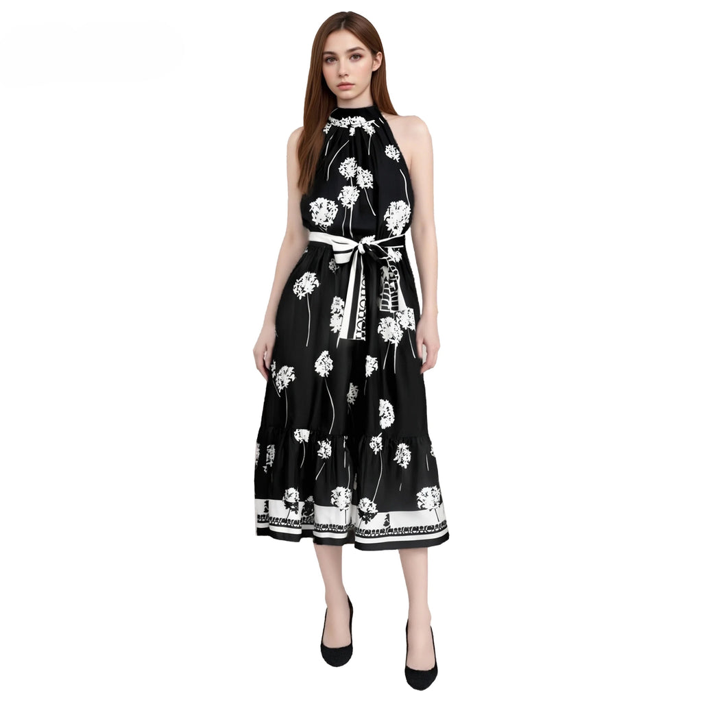 Women's Long Dress Summer New Black Printed Sexy Hanging Collar Dress Casual Party