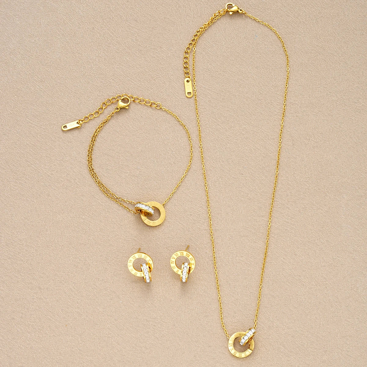 Women’s Gold Crystal Set – 4-Piece Necklace, Bracelet & Earrings