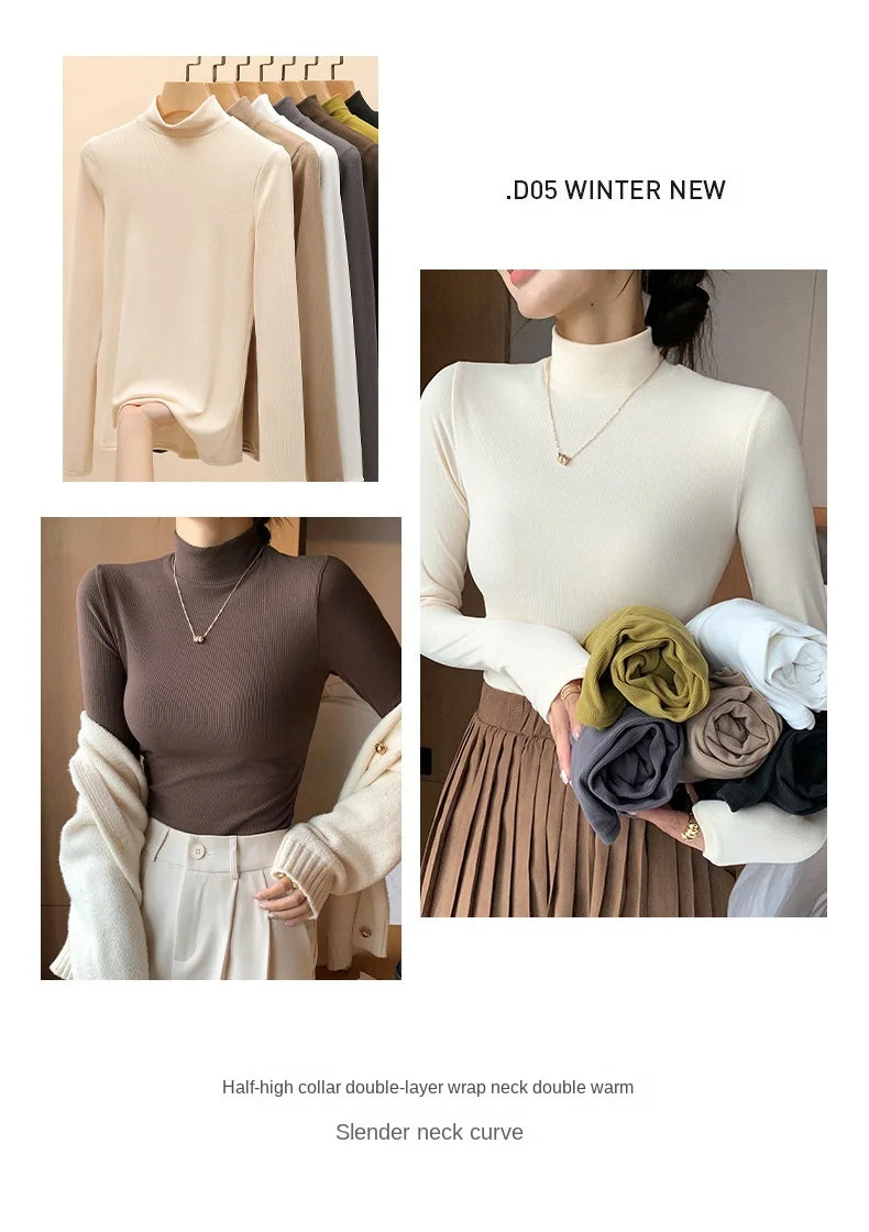 Women's knitted half-turtleneck sweater, slim fit, long sleeves, casual thermal knit top, Korean fashion