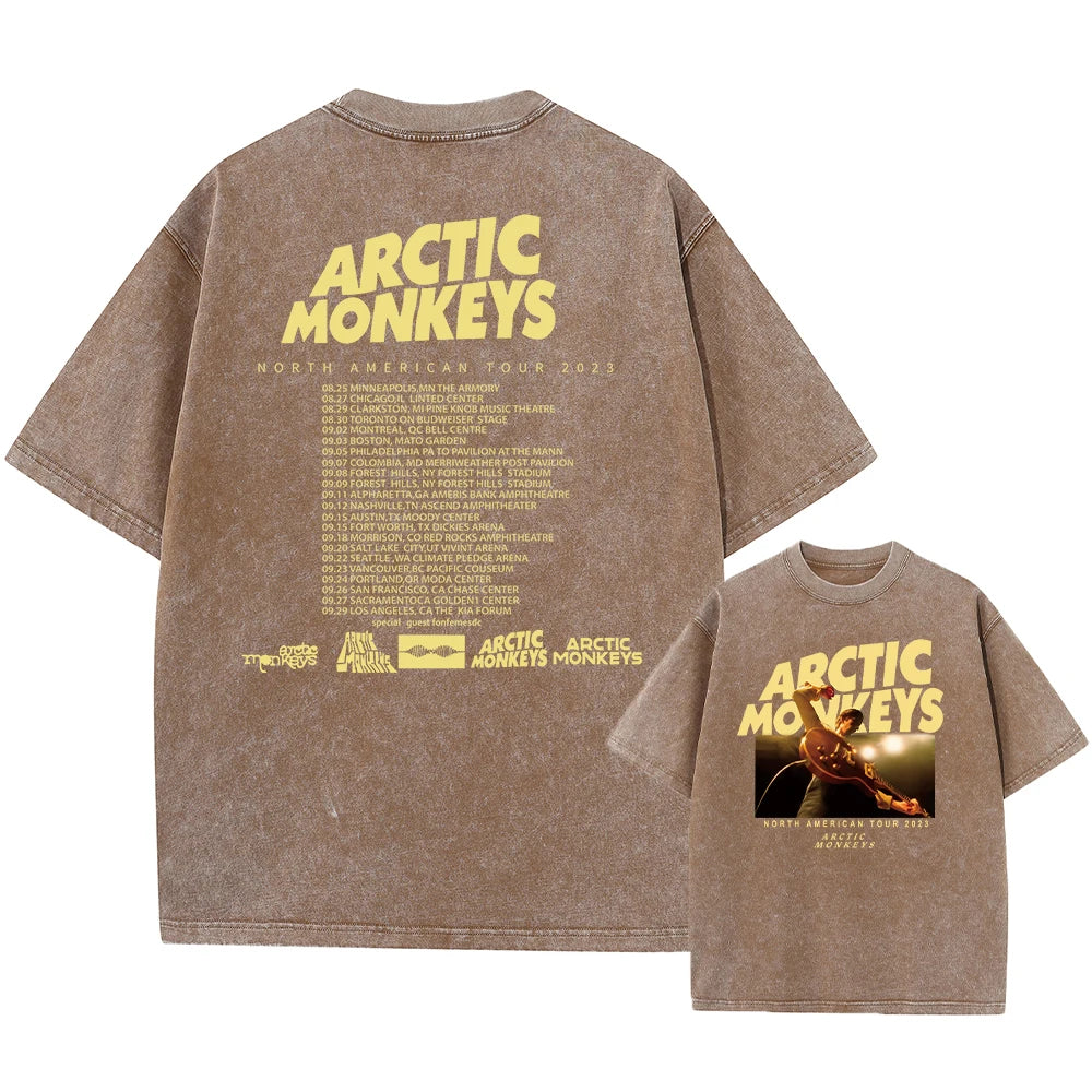 Here is a description based on your input:  Retro Arctic Monkeys Graphic T-Shirt, Vintage Washed, Oversized Fit, Y2K Style, Hip Hop Streetwear for Men