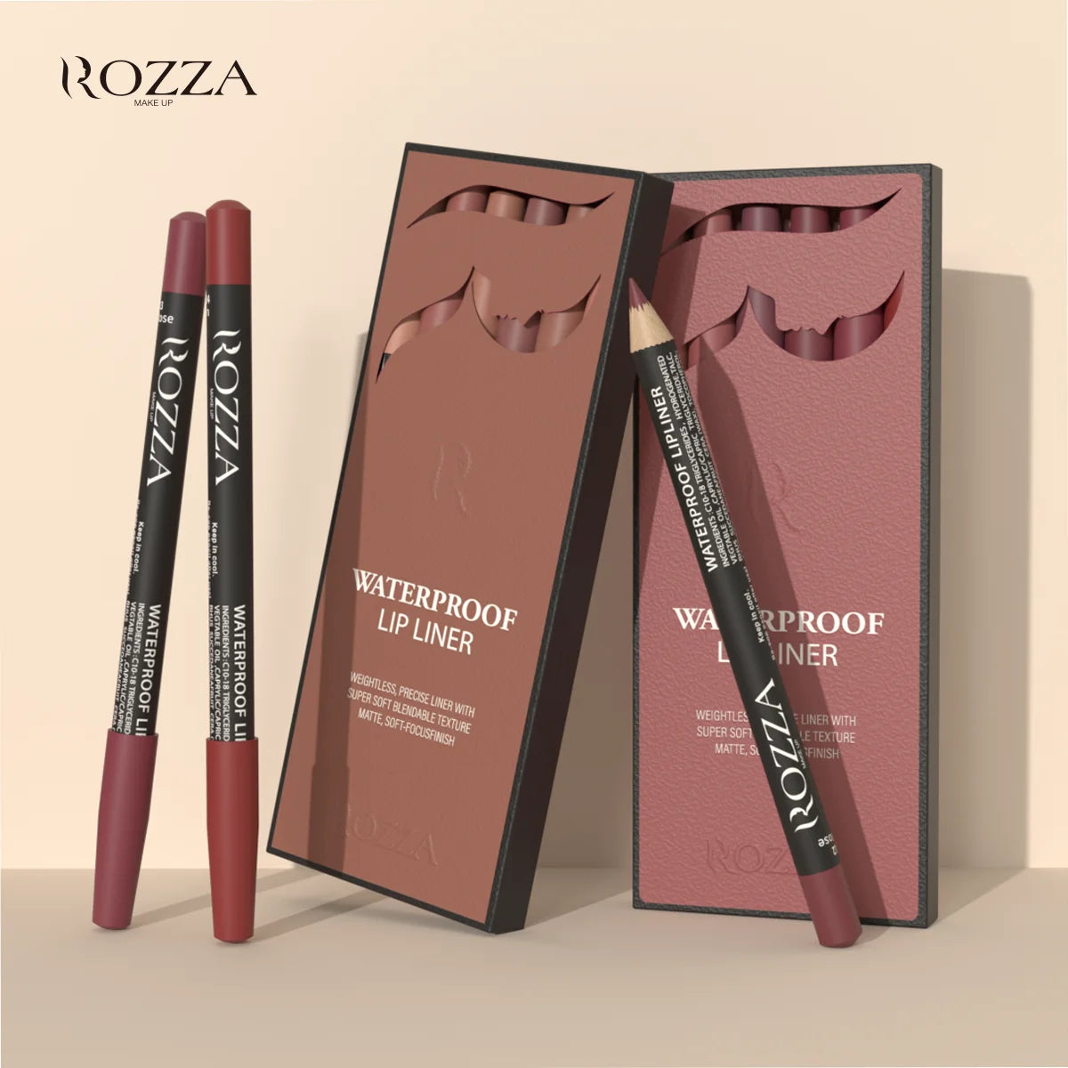 Rozza Waterproof Lip Liner Set – weightless, precise, soft, blendable matte texture